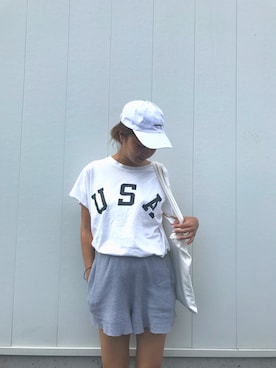 「USA」｜「アイテム（キャップ）」を使った、宮原英里さん（レディース・168cm）の夏コーディネート