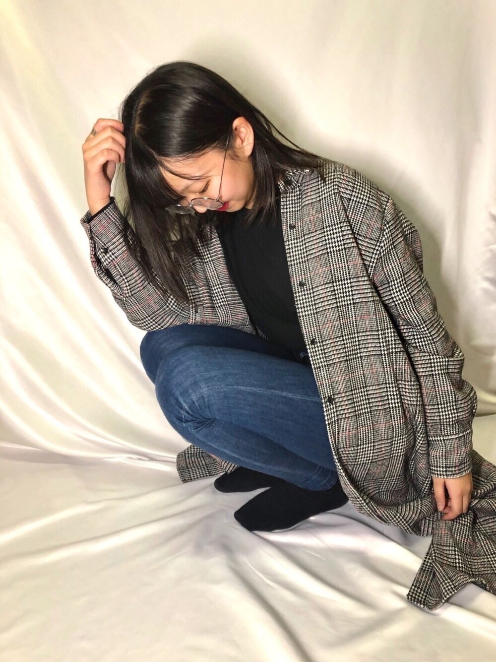 「女の子コーデ、中学生、おんなのこ、むすめ服、娘コーデ、チェックシャツ」｜「ANAPのアイテム（シャツ/ブラウス、グレー系）」を使った、sereruさん（キッズ・110cm）の秋コーディネートの1枚目の写真