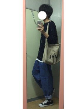 「Lui's（ルイス）の鹿の子編ビックニット（ニット/セーター、ブラック系）」を使った、キクツニさん（メンズ・178cm）の夏コーディネート