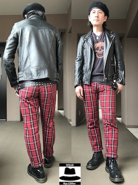 「タータンチェック」｜「アイテム（ライダースジャケット）」を使った、YasushiImanishiさん（メンズ・168cm）の秋コーディネート