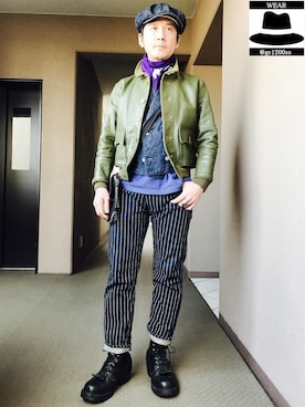 「ストライプパンツ」｜「アイテム（ミリタリージャケット）」を使った、YasushiImanishiさん（メンズ・168cm）の冬コーディネート