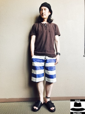 「CABANE de ZUCCa（カバンドズッカ）のアイテム（サンダル）」を使った、YasushiImanishiさん（メンズ・168cm）の夏コーディネート