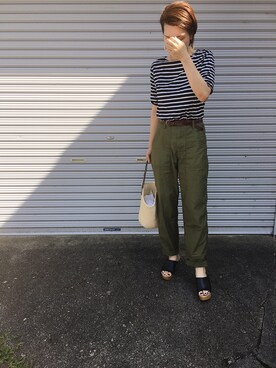 「BEAMS（ビームス）のアイテム（かごバッグ）」を使った、アーミンさん（レディース・167cm）の夏コーディネート