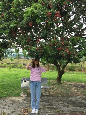「アイテム（サンバイザー、ホワイト系）」を使った、ruki615さん（レディース・159cm）の夏コーディネート
