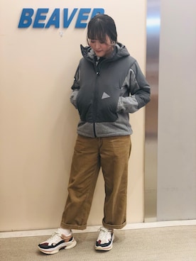 「and wander（アンドワンダー）のアイテム（ブルゾン）」を使った、さゆるゆるさん（レディース・155cm）の冬コーディネート