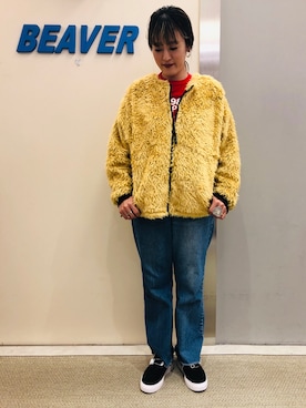「リメイクデニム」｜「アイテム（ブルゾン）」を使った、さゆるゆるさん（レディース・155cm）の秋コーディネート