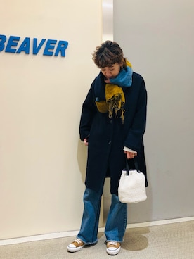 「MANASTASH（マナスタッシュ）のアイテム（ステンカラーコート）」を使った、さゆるゆるさん（レディース・155cm）の秋コーディネート