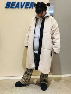 「MANASTASH（マナスタッシュ）のアイテム（ノーカラーコート）」を使った、さゆるゆるさん（レディース・155cm）の冬コーディネート
