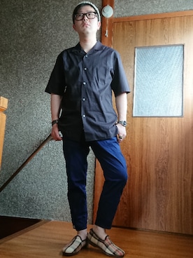 「黒縁メガネ」｜「アイテム（スリッポン）」を使った、和也さん（メンズ・160cm）の春コーディネート