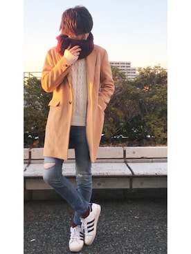 「JUNRED（ジュンレッド）のアイテム（チェスターコート）」を使った、taiさん（メンズ・179cm）の冬コーディネート