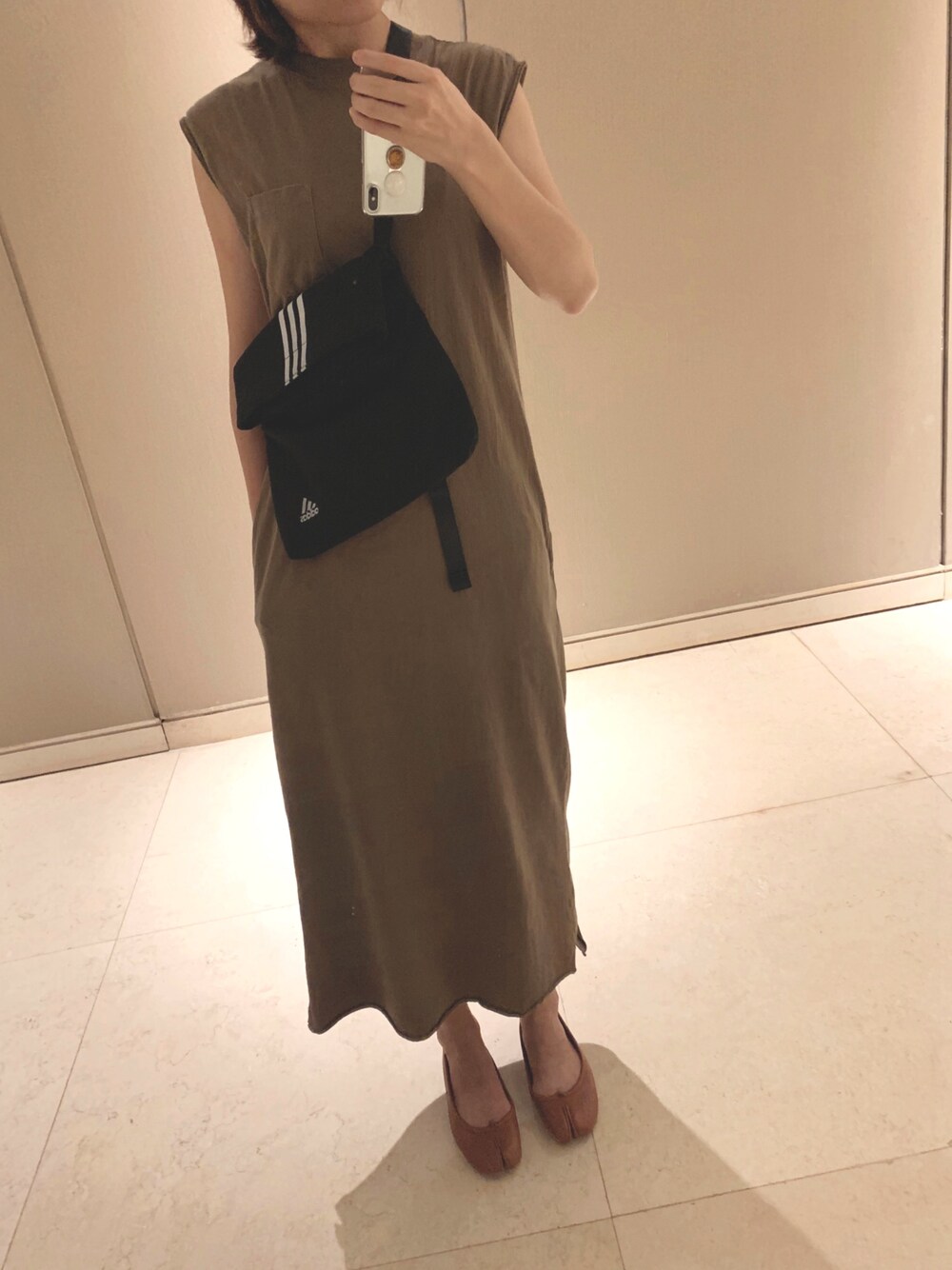「MM6、adidas、moussy、パンプス、ootd、夏」｜「BEAMS BOYのGoodwear / モックネック ワンピース（ワンピース、グリーン系）」を使った、moz777さん（レディース・170cm）の夏コーディネートの1枚目の写真