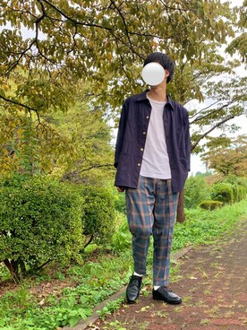 「アイテム（スラックス、ブルー系）」を使った、rikさん（メンズ・178cm）の秋コーディネート