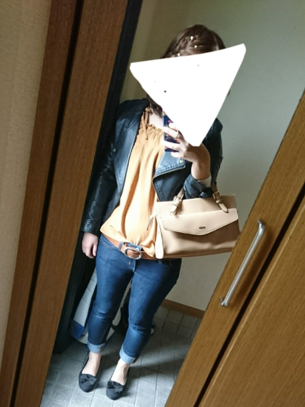 「低身長、GU、ライダース、ラフ」｜「GUのアイテム（デニムパンツ、ブルー系）」を使った、さっぷさん（レディース・152cm）の春コーディネートの1枚目の写真