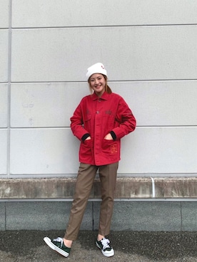 「アイテム（カバーオール、レッド系）」を使った、みるさん（レディース・164cm）の秋コーディネート