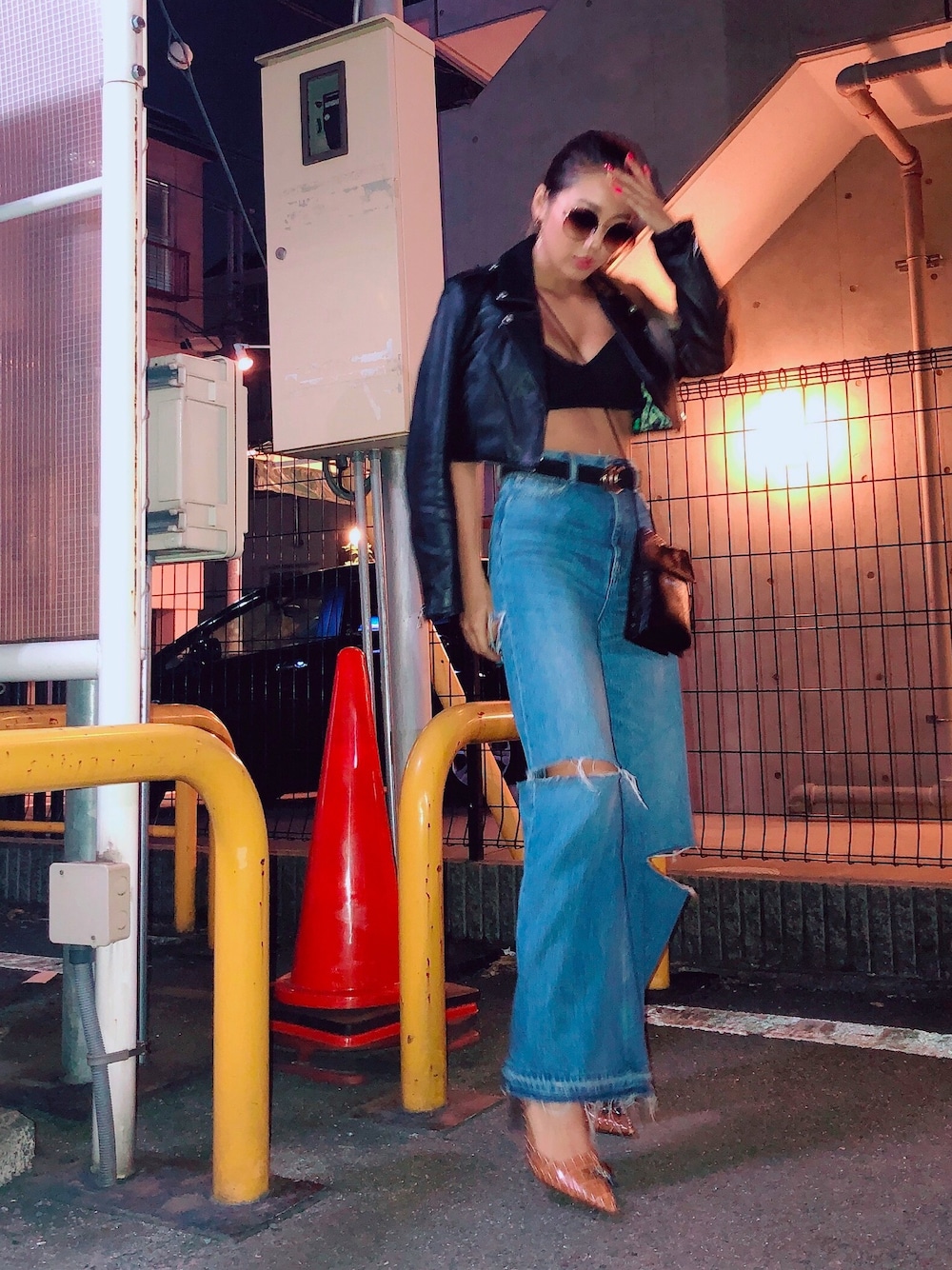 「秋のコーデ、秋コーデ、秋、ライダース、デニム、パンツスタイル、ワイドパンツ、denim、outfit、SPIRALGIRL」｜「SLYのアイテム（ライダースジャケット、ブラック系）」を使った、MANAMI（manya❤︎）さん（レディース・159cm）の秋コーディネートの1枚目の写真