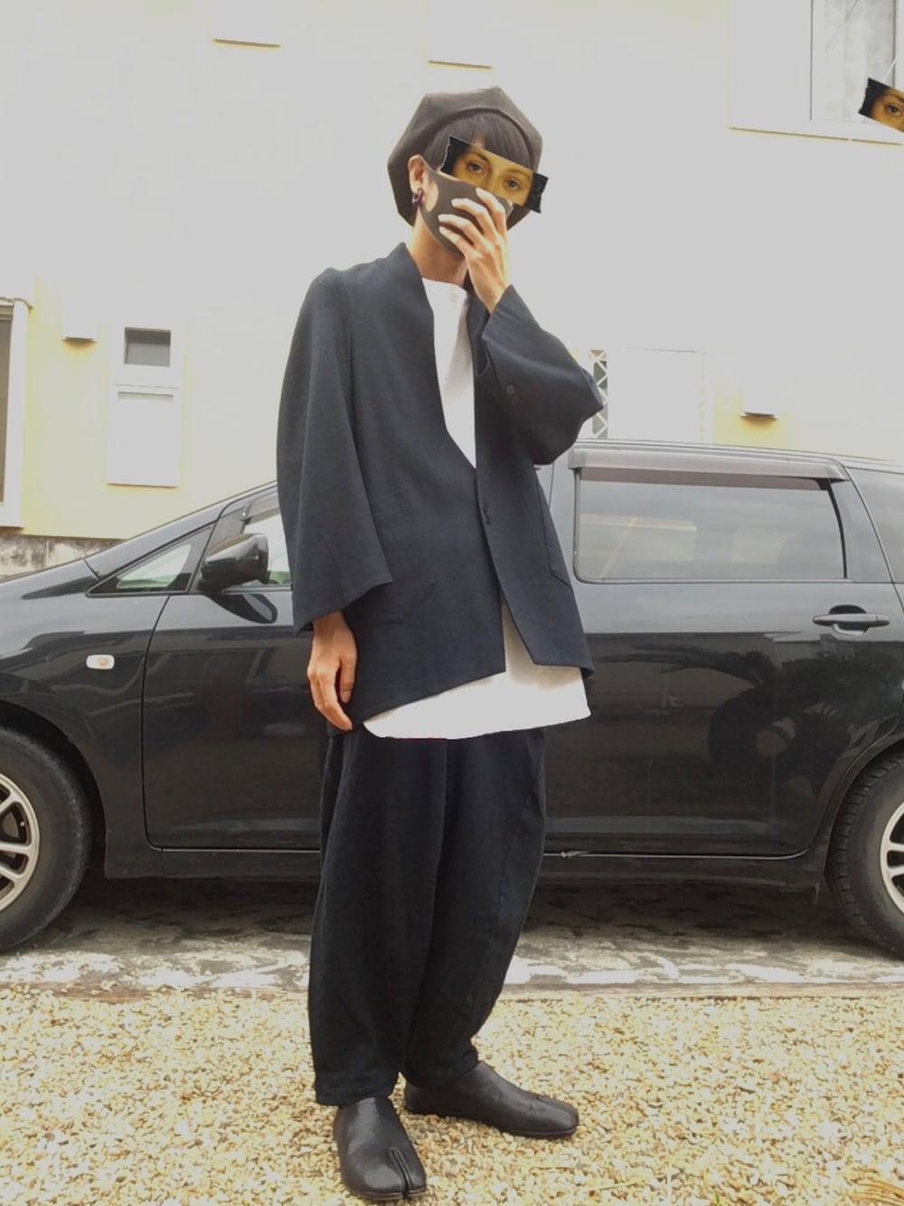 「ka na ta、セットアップ、マルジェラ、足袋、kaiko、GU、dope、pop」｜「KANATAのアイテム（ノーカラージャケット、ブルー系）」を使った、寺さん（メンズ・270cm）の春コーディネートの1枚目の写真