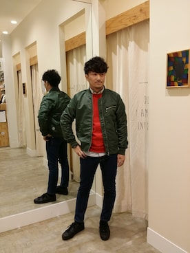 「coen（コーエン）のポートランドスリムスキニーデニム（デニムパンツ、ブルー系）」を使った、coen のもとさん（メンズ・172cm）の冬コーディネート