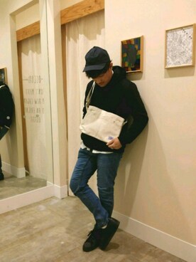 「coen（コーエン）のストレッチデニムクライミングパンツ2017SS（デニムパンツ、ブルー系）」を使った、coen のもとさん（メンズ・172cm）の冬コーディネート