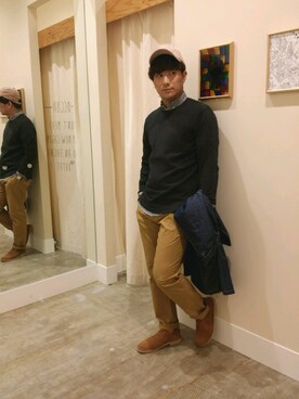 「coen（コーエン）のレザープレーントゥシューズ（ドレスシューズ、ブラウン系）」を使った、coen のもとさん（メンズ・172cm）の春コーディネート