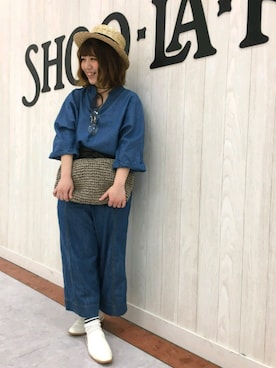 「SHOO・LA・RUE（シューラルー）のリボン付きカンカン帽（ハット、ベージュ系）」を使った、ntkumao☺さん（レディース・150cm）の春コーディネート