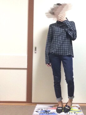 「UNIQLO（ユニクロ）のWOMEN スリムボーイフレンドフィットアンクルジーンズB（デニムパンツ）」を使った、長(osa)さん（レディース・147cm）の冬コーディネート