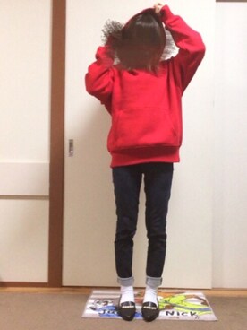 「UNIQLO（ユニクロ）のWOMEN スリムボーイフレンドフィットアンクルジーンズB（デニムパンツ）」を使った、長(osa)さん（レディース・147cm）の冬コーディネート