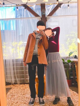 「しまむら（シマムラ）のアイテム（ニット/セーター、レッド系）」を使った、まろんさん（レディース・154cm）の冬コーディネート