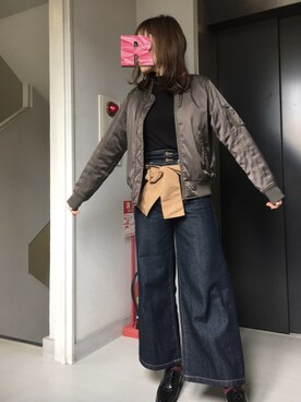 「リブニット」｜「アイテム（ナイロンジャケット）」を使った、®️さん（レディース・162cm）の冬コーディネート