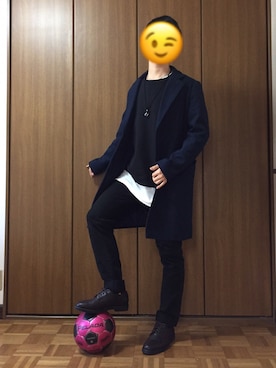 「バスクシャツ」｜「アイテム（チェスターコート）」を使った、GAMIさん（メンズ・170cm）の冬コーディネート
