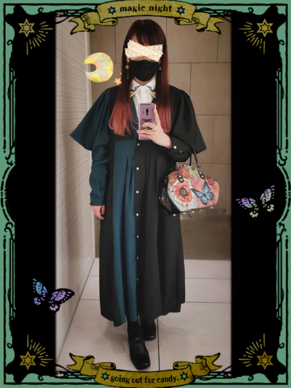 「JI'NE、刺繍シャツ、付け襟、魔法使い」｜「新星急報社の真夜中の隕石とチョコレートのイヤリング（イヤリング、ゴールド系）」を使った、ｙｋｔｓさん（レディース・152cm）の秋コーディネートの1枚目の写真
