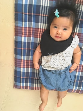 「Birthday（バースデイ）のアイテム（ロンパース、ホワイト系）」を使った、あおさん（キッズ・70cm）の夏コーディネート