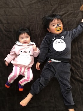 「韓国子供服のアイテム（スウェット、ピンク系）」を使った、あおさん（キッズ・70cm）の秋コーディネート