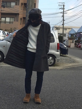 「テーラードコート」｜「アイテム（帽子）」を使った、山田和俊さん（メンズ・167cm）の冬コーディネート