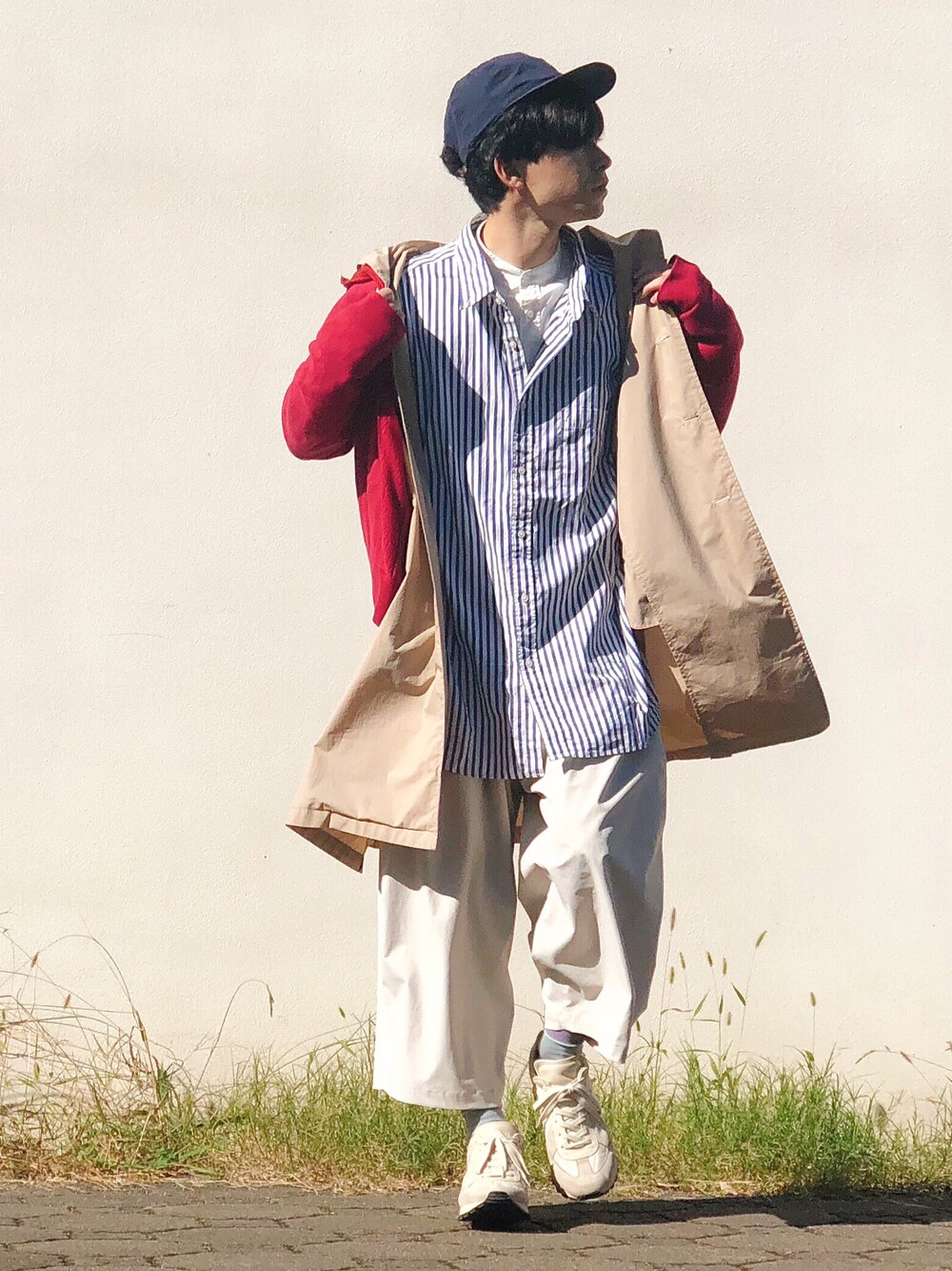 「ストリート服が好き、お目立ちネオンコーデ、ZOZO公認ユーザー、おしゃれさんと繋がりたい、ゆるコーデ、古着、韓国ファッション、キャップ、streetstyle、GU」｜「Bshopのベースボールキャップ（キャップ、ブルー系）」を使った、山田和俊さん（メンズ・167cm）の秋コーディネートの1枚目の写真