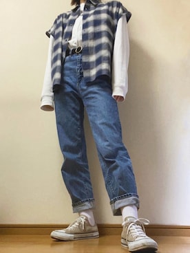 「Adoon plain（アドーンプレーン）のアイテム（ベスト）」を使った、REOさん（レディース・167cm）の秋コーディネート