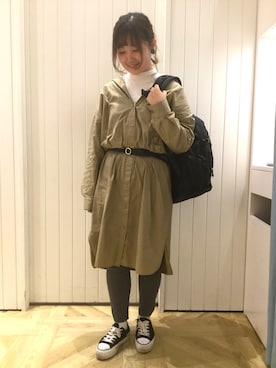 「レギンス」｜「アイテム（シャツワンピース、ベージュ系）」を使った、ローリーズファームならファミリー店さん（レディース・157cm）の冬コーディネート