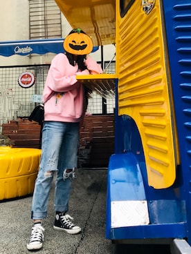 「Maystyle手工刺绣卫衣のアイテム（パーカー、ピンク系）」を使った、木子小姐さん（レディース）の春コーディネート