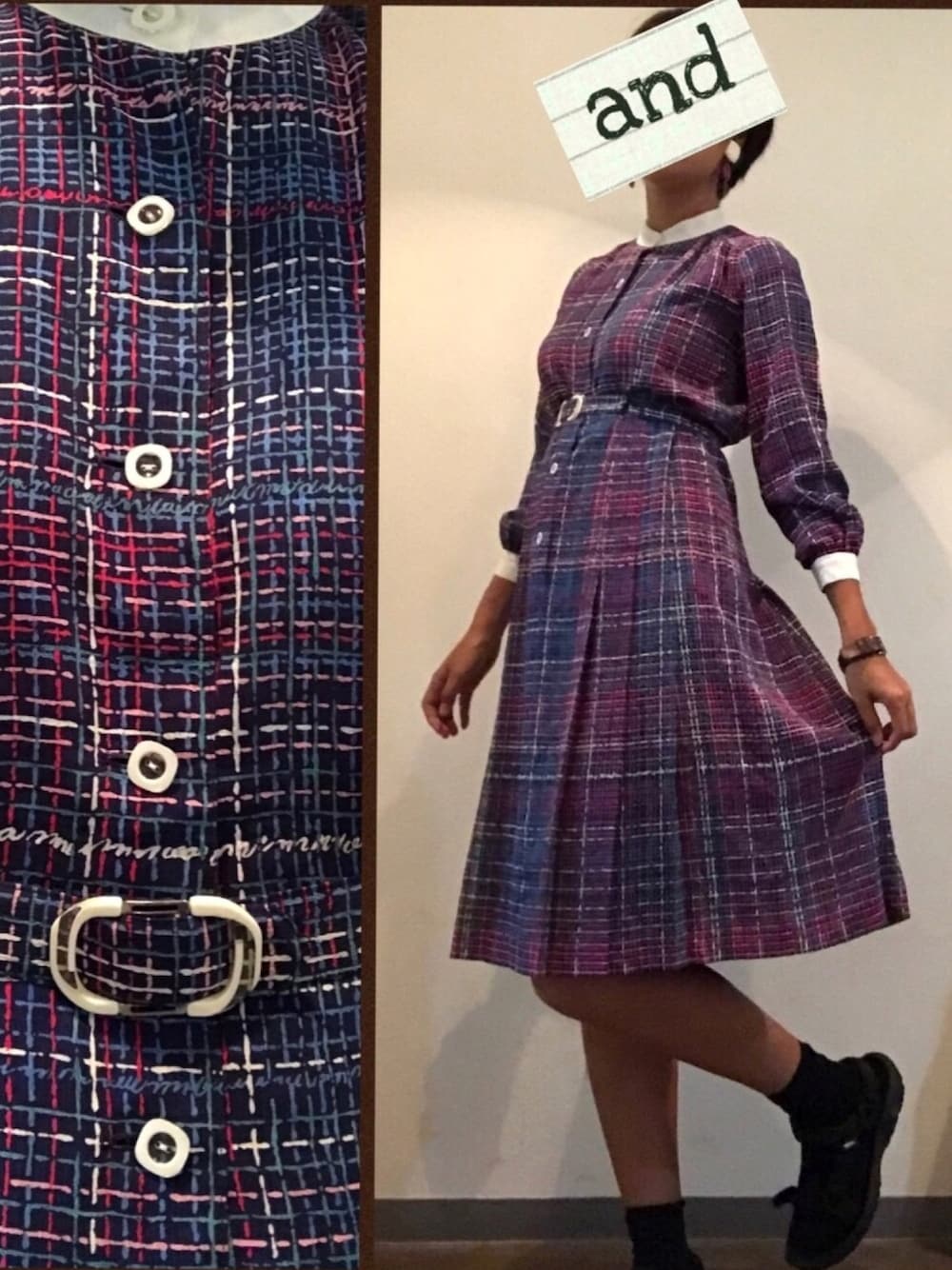 「秋服準備はじめました、古着、チェックワンピース」｜「無しのアイテム（イヤリング、パープル系）」を使った、いしもえさん（レディース・163cm）の秋コーディネートの1枚目の写真