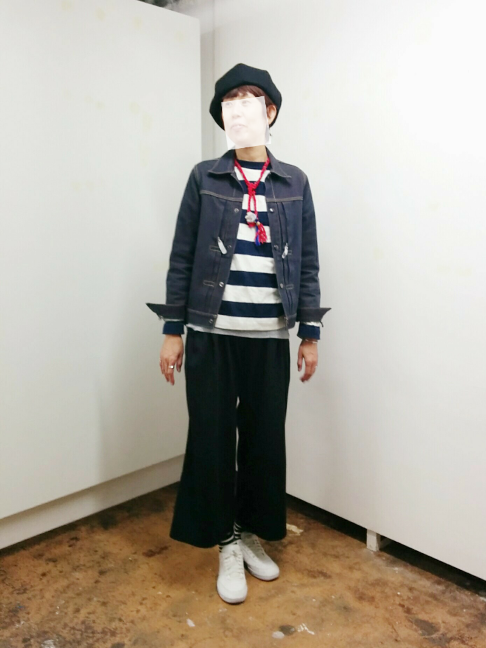 「vandalize、and it_、ユニクロ、ベレー帽、handmade、ハンドメイド」｜「ベルメゾンのbelle maisonベレー帽（ハンチング/ベレー帽、ブラック系）」を使った、aon9さん（レディース・166cm）の秋コーディネートの1枚目の写真