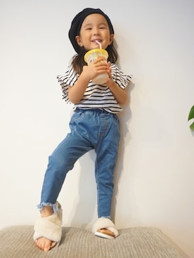 「フリンジデニム」｜「アイテム（ハンチング/ベレー帽）」を使った、kakaさん（キッズ・90cm）の夏コーディネート