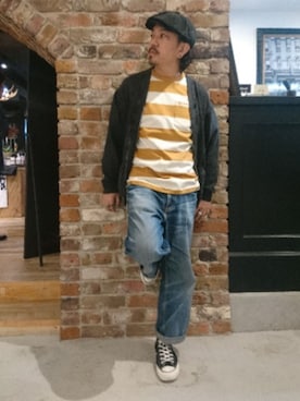「アイテム（Tシャツ/カットソー、ゴールド系）」を使った、katoさん（メンズ・165cm）の春コーディネート