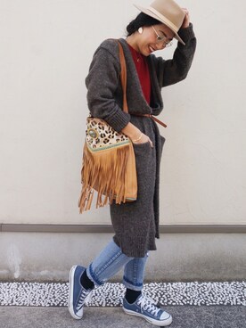 「H&M（エイチ・アンド・エム）のアイテム（ハット）」を使った、内村茉寿美さん（レディース・164cm）の秋コーディネート