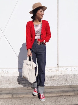「H&M（エイチ・アンド・エム）のアイテム（ハット）」を使った、内村茉寿美さん（レディース・164cm）の冬コーディネート