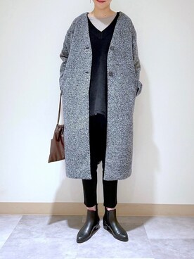 「アイテム（ノーカラーコート、グレー系）」を使った、nuun＊。さん（レディース・170cm）の冬コーディネート