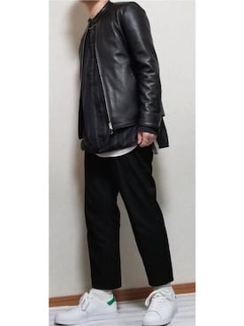 「アンクルパンツ」｜「アイテム（ライダースジャケット）」を使った、しんしんさん（メンズ・168cm）の冬コーディネート
