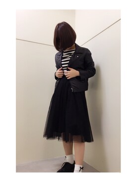 「スプリングSENSEOFPLACE」｜「アイテム（ライダースジャケット）」を使った、ぱぬ美さん（レディース・152cm）の冬コーディネート