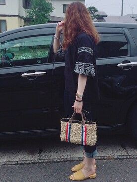 「niko and...（ニコアンド）のオリジナル ミニラインテープカゴバッグ【niko and...】（かごバッグ）」を使った、midoriさん（レディース・165cm）の夏コーディネート