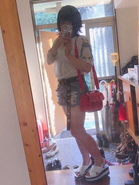 「WEGO（ウィゴー）のWEGO/2WAYサッチェルショルダーバッグ（ショルダーバッグ、レッド系）」を使った、けぽさん（レディース・153cm）の夏コーディネート