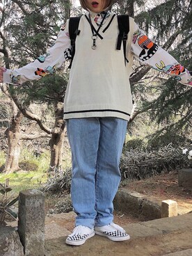 「SPINNS（スピンズ）のラインニットベスト（ベスト、ホワイト系）」を使った、けぽさん（レディース・153cm）の春コーディネート