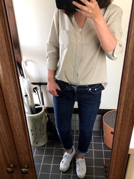 「ベージュシャツ」｜「アイテム（シューズ）」を使った、juiさん（レディース・161cm）の春コーディネート